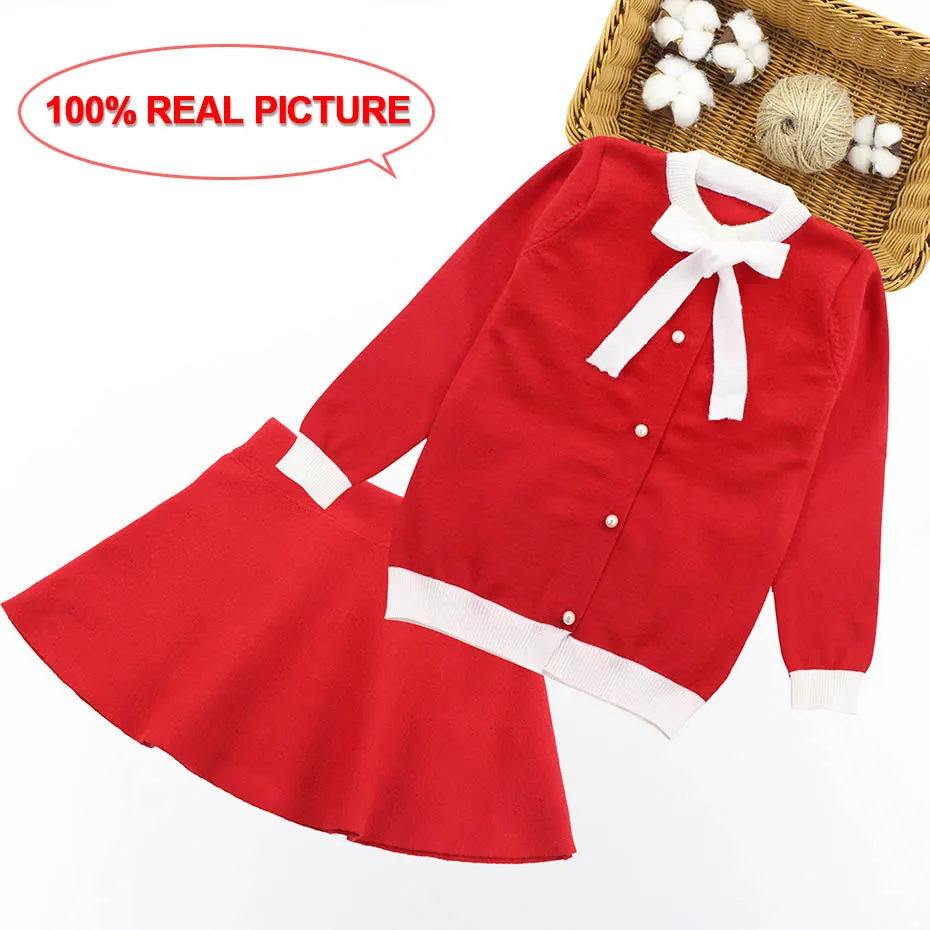 Зимний свитер для девочек; комплект одежды для детей; теплый вязаный свитер и юбка; комплект с платьем из 2 предметов; Детский комбинезон для подростков; зимняя одежда для девочек - Цвет: Красный