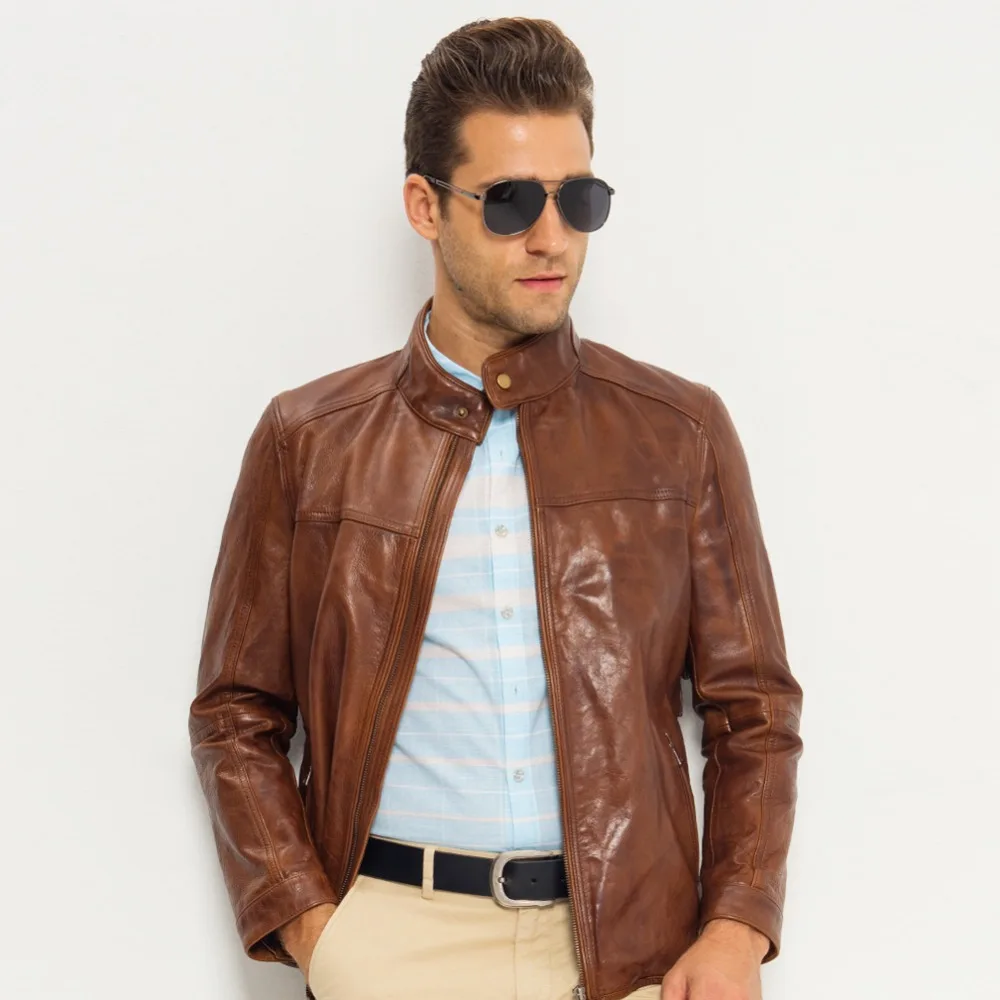 Мужская куртка из коровьей кожи облегающая мотоциклетная 100% натуральной TJ8103|jacket