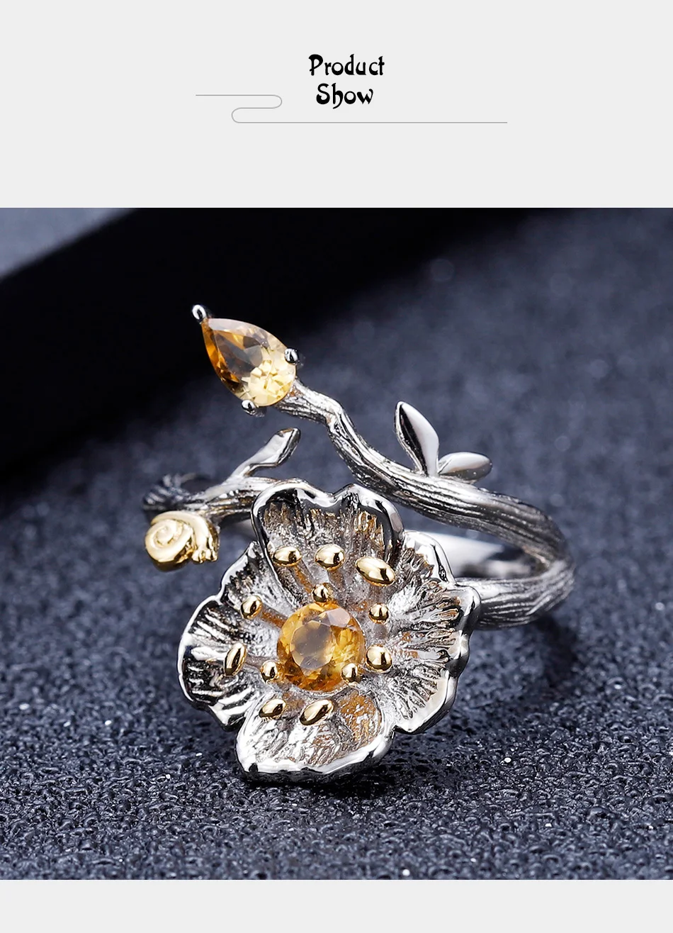 Ювелирные балетные 0.65Ct натуральный цитрин драгоценный камень кольцо 925 пробы серебро ручной работы цветущие Маки цветок кольца для женщин Bijoux