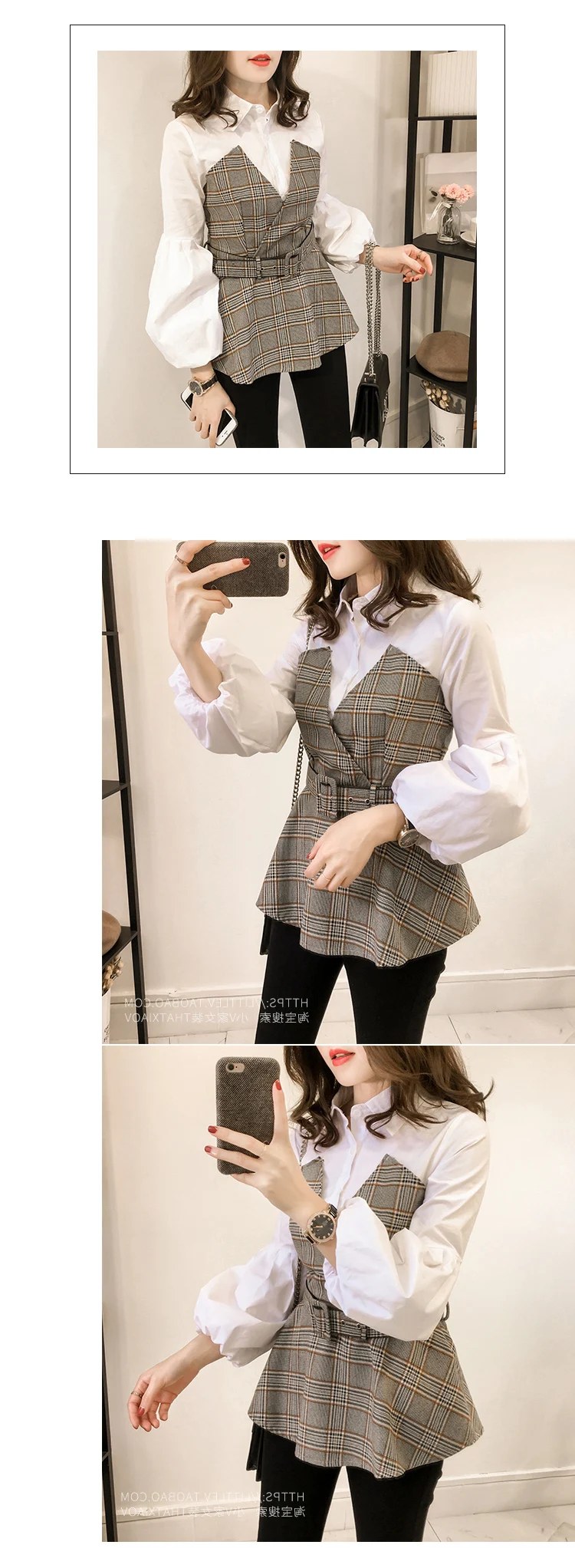 Весенняя женская блузка плюс размера топы Camisas Mujer женские топы клетчатая рубашка с буфами на рукавах Blusas Femininas Elegante