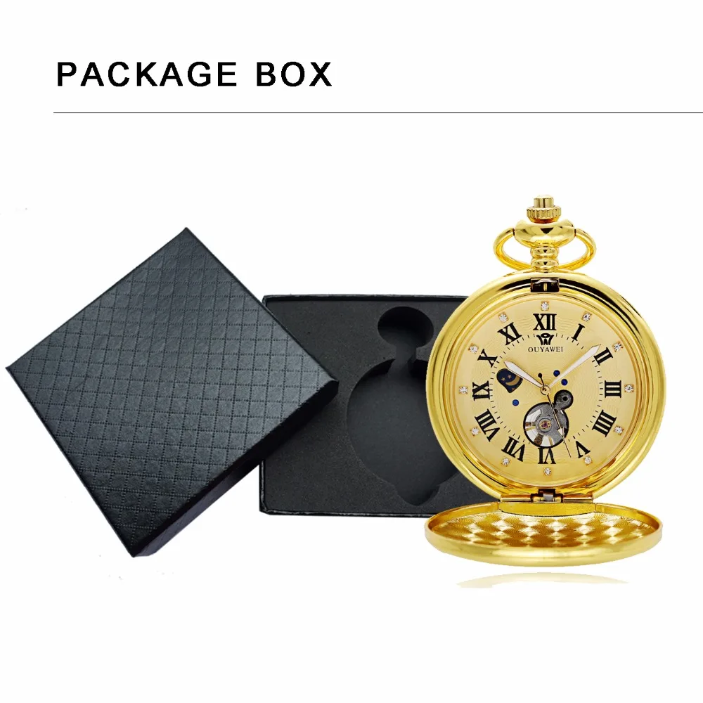 

Ouyawei Luxury Gold Moon Phase Mechanical Pocket Watches With Chain Skeleton Dial Men Clock Necklace Pocket Fob Watch