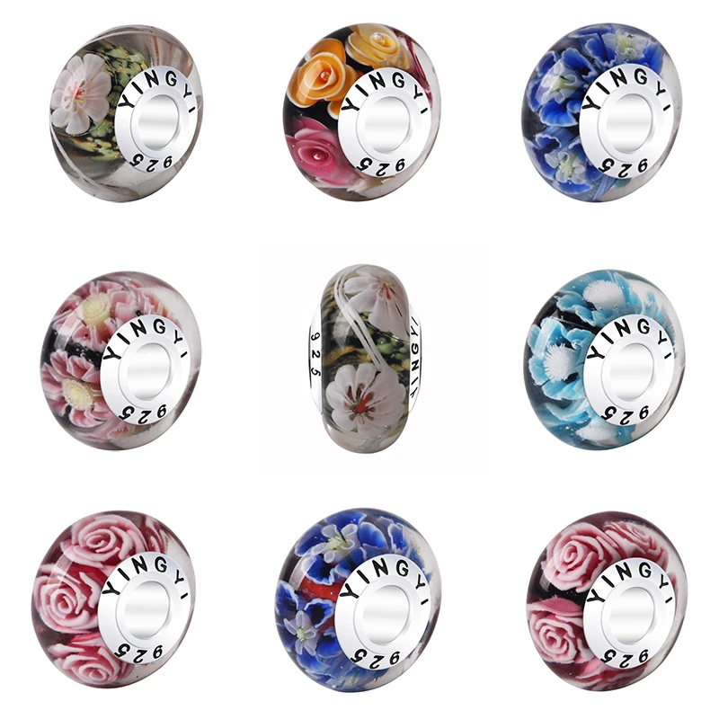 5pcs New Style Free Shipping Rose Flower Glass Beads With 925 Sterling Silver Tube For Women Bracelet Necklace DIY Accessories | Украшения