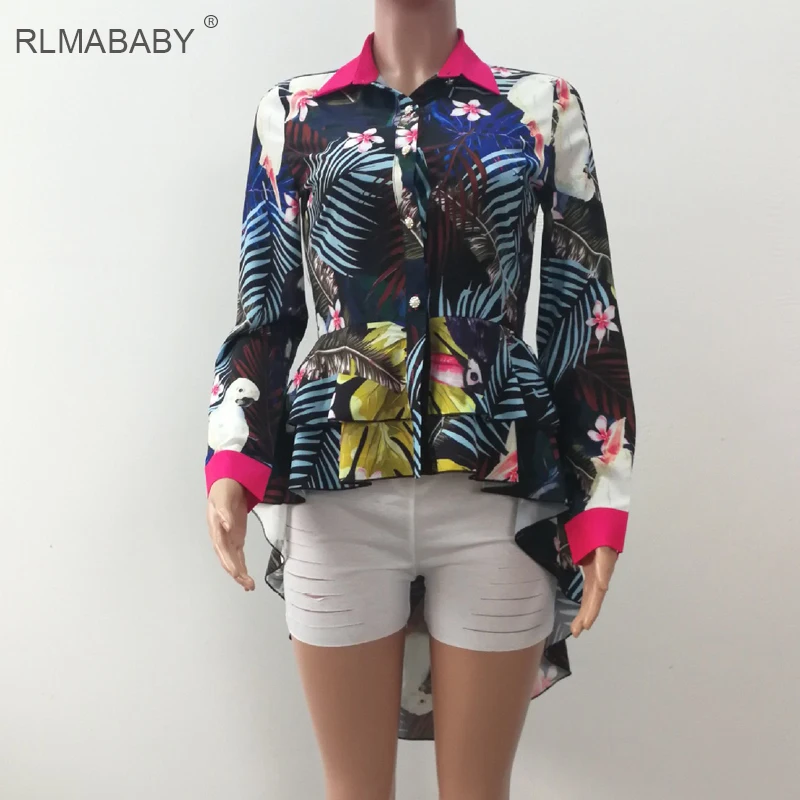 Rlmaaby Асимметричная Блузка с оборками, рубашка, сексуальный отложной воротник, длинный рукав, пуговицы, Женские топы и блузки размера плюс, летний топ