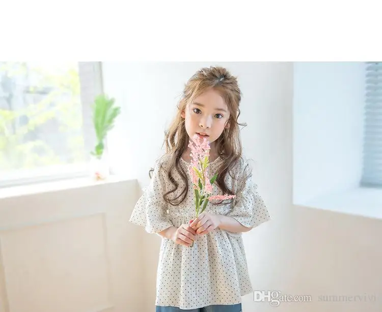 Дети Устраивает Девушки горошек печатные топы + короткие джинсовые брюки