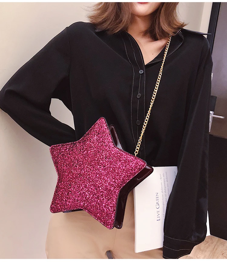 Sequins Stars Style Pu Leather Fashion Casual Ladies Chain Purse Shoulder Bag Tote Crossbody Mini Bag Female Bolsa Handbag Flap