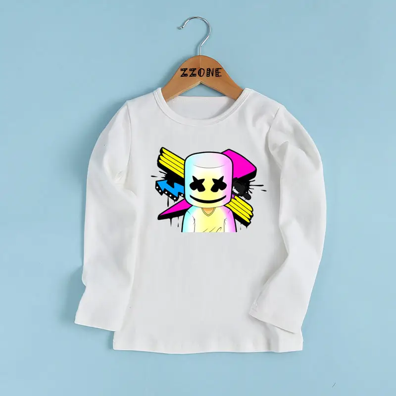 DJ Marshmello/футболка с принтом мордочки для мальчиков и девочек детская повседневная забавная футболка милая детская одежда с длинными рукавами LKP2401 - Цвет: whiteF