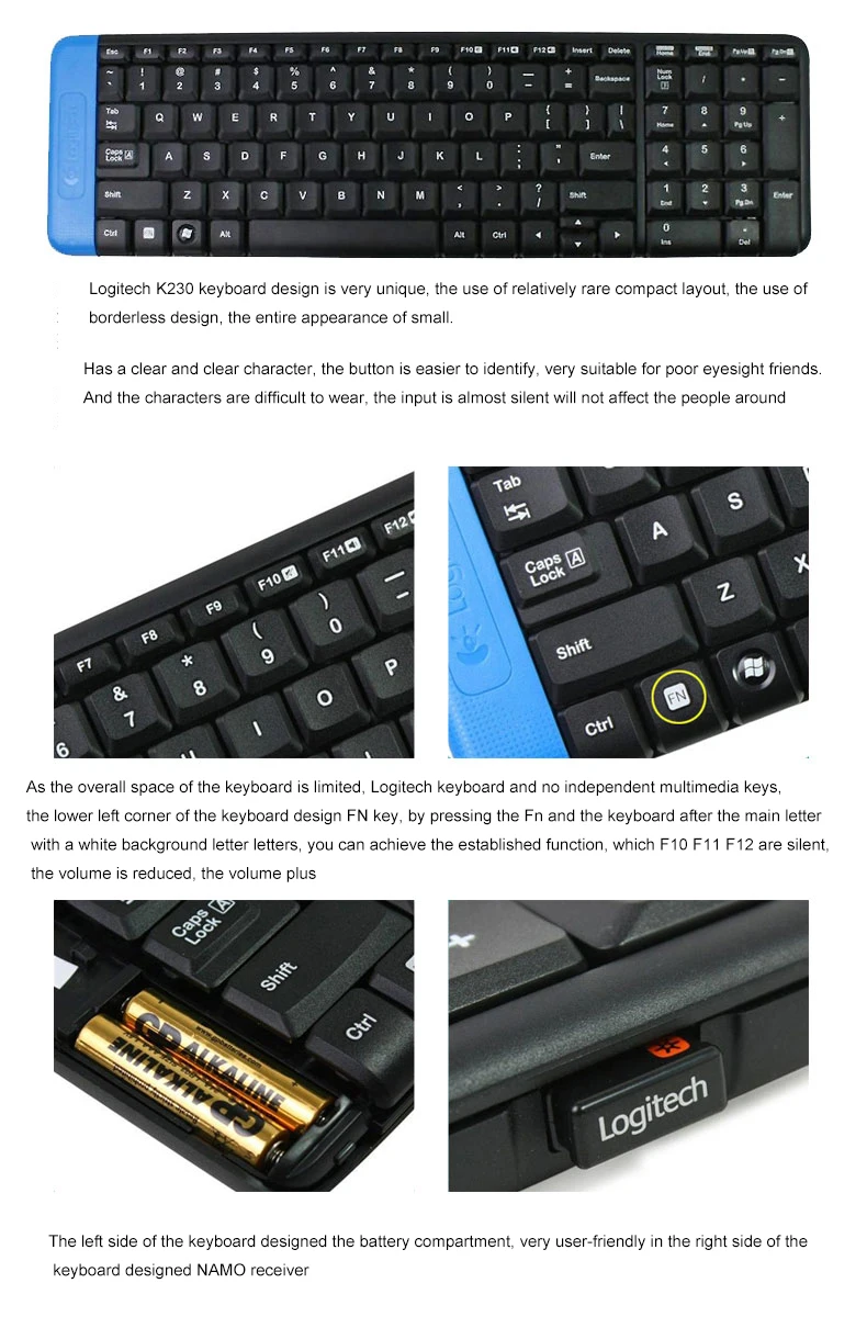 Беспроводная клавиатура logitech K230 2,4G, игровой ноутбук, ПК, геймер, бесшумный эргономичный стандартный приемник Keybord Namo Unifying
