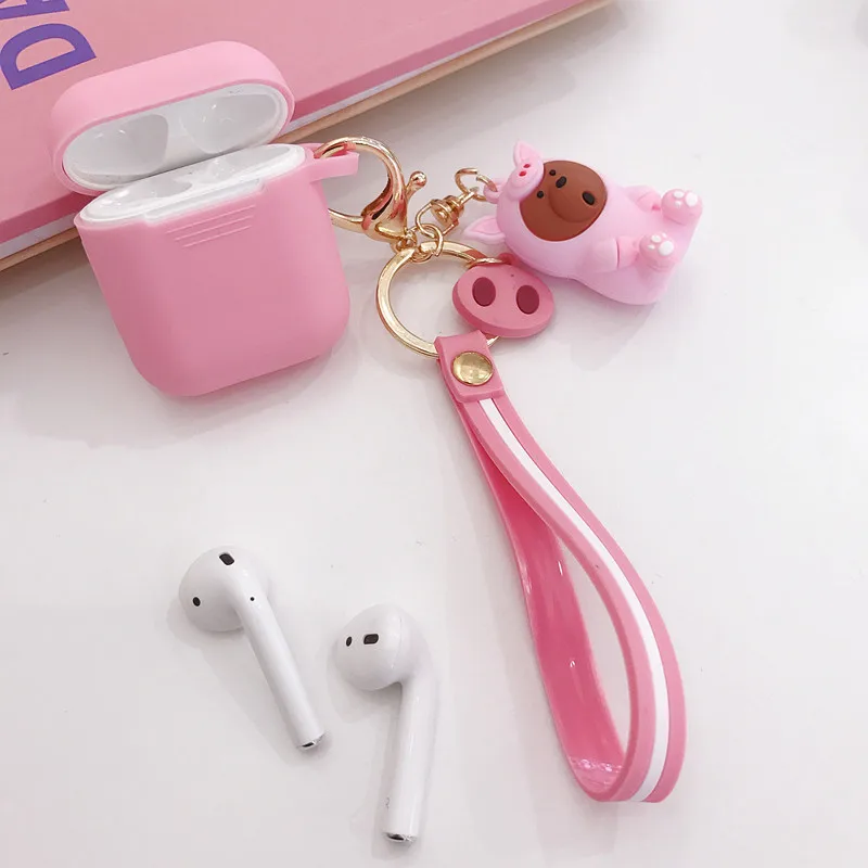 Pink Bear Милый чехол для наушников для AirPods чехол для Air Pods аксессуары с героями мультфильмов на айрподс Apple эир подс силиконовый чехол с кольцами для ключей ремень чехол на эйрподс чехлы на наушники airpods airpods2 - Цвет: Pink Bear