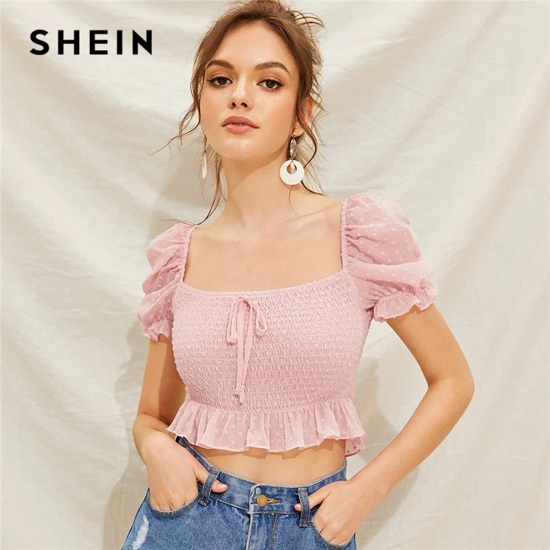 SHEIN Boho Сексуальный розовый Швейцарский горошек гофрированный подол гофрированный укороченный Топ Блузка с пышными рукавами женские летние облегающие милые топы и блузки