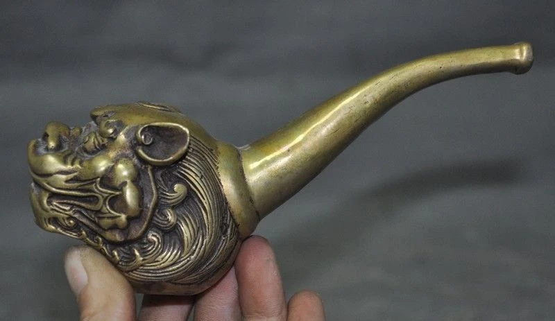 6 &quotстаринная китайская бронза foo Собака Лев Голова зверя статуя табачная трубка