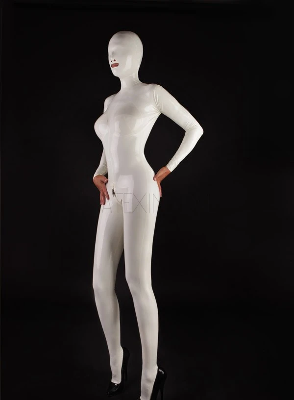 Сексуальные белые женские латексные костюмы резиновые Боди с молнией сзади