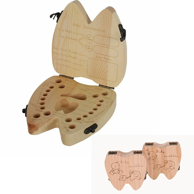 

English Children Wooden Tooth Box Kid Milk Teeth Save Box Child Tooth Keep Container Teeth Holder Keepsakes for Kids Toothbox