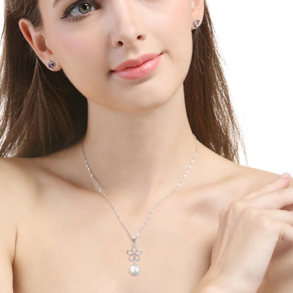 BRAVEKISS Romantic Hollow Flower Pearl Pedant Necklaces 925 Sterling Silver Necklace Freshwater Round Big Jewelry BLN0422 | Украшения и