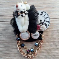 charmcci korea handmade special clock fabric bear yarn ball badge brooches pins fashion jewelry for girl woman accessories