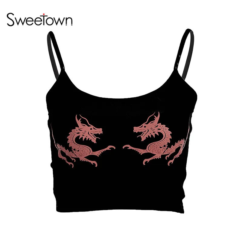 Sweetown, женский сексуальный укороченный топ,, обрезанный, Женский Топ с двойным драконом, без рукавов, Feminino Bralette, модная майка