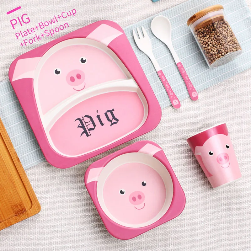 Pig 5 Pcs Мультяшная посуда набор для детей с животным узором столовая посуда экологичный бамбуковый кухонный набор обеденной посуды детский набор столовых приборов для пикника - Цвет: Pig 5 Pcs