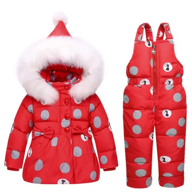 Big Polka Dot White Duck Down Winter Overalls For Girls Down Jacket and Pants Baby Snowsuit Newborn Infant Winter Clothing Set - Цвет: Красный