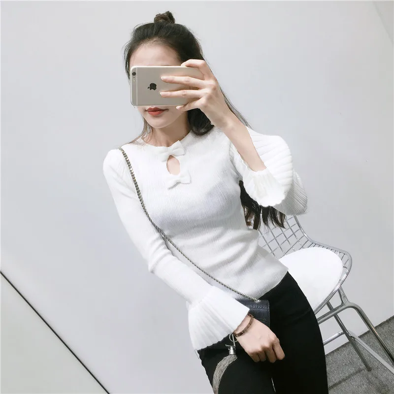 Осенне-зимний свитер для женщин 2018 Новый однотонный вязаный с бантом и