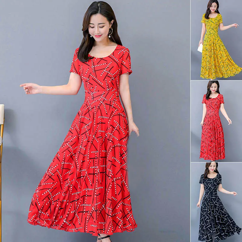 Модное женское повседневное летнее платье с коротким рукавом и круглым вырезом