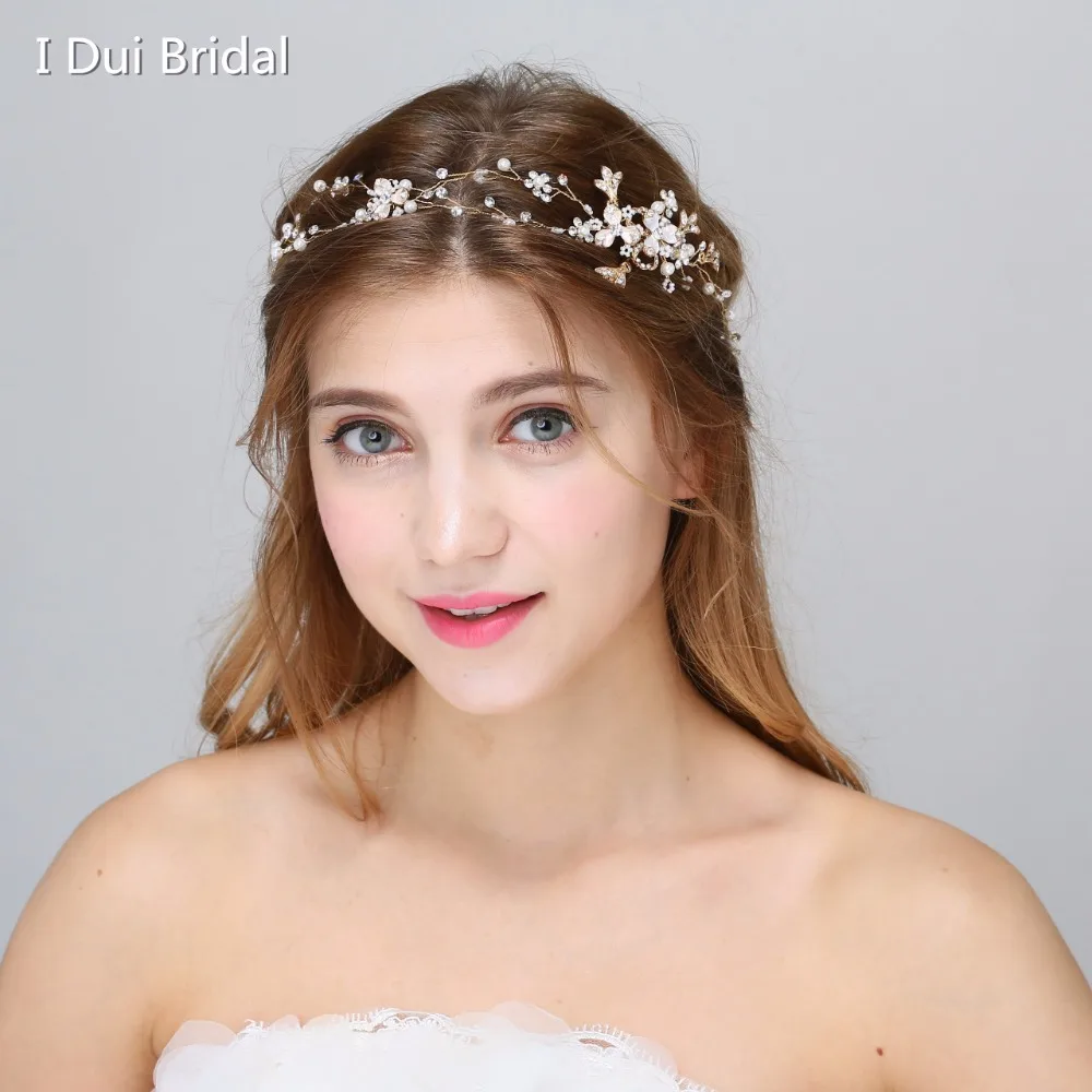 

Wedding Bridal Hairband with Ribbon Tie Backs Crystal Pearl Handmade
