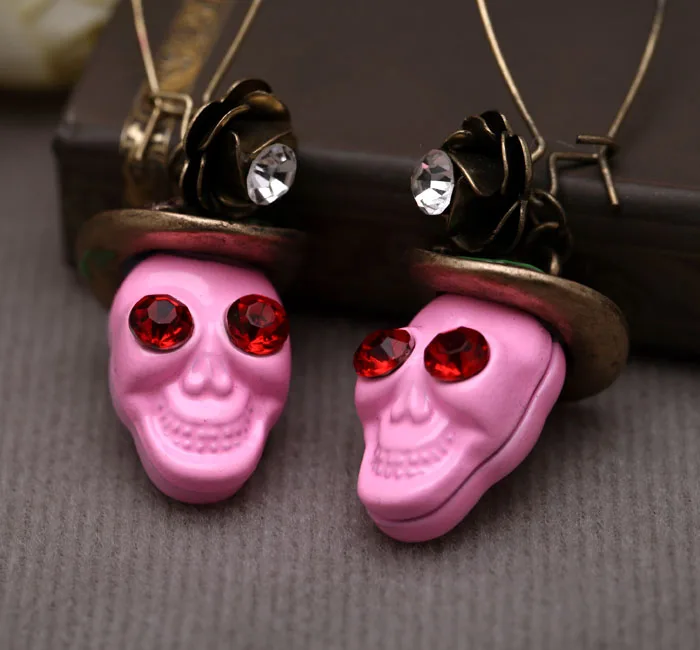 Женские винтажные серьги в стиле панк с розовым черепом висячие из хрустального