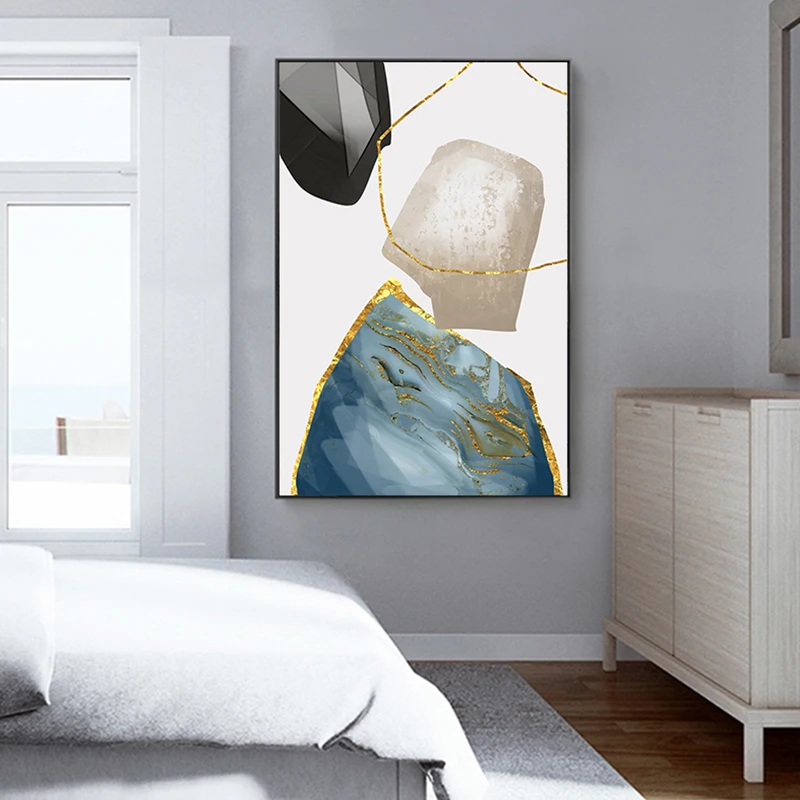 Абстрактная Золотая картина большой постер печать на стене сине розовая для