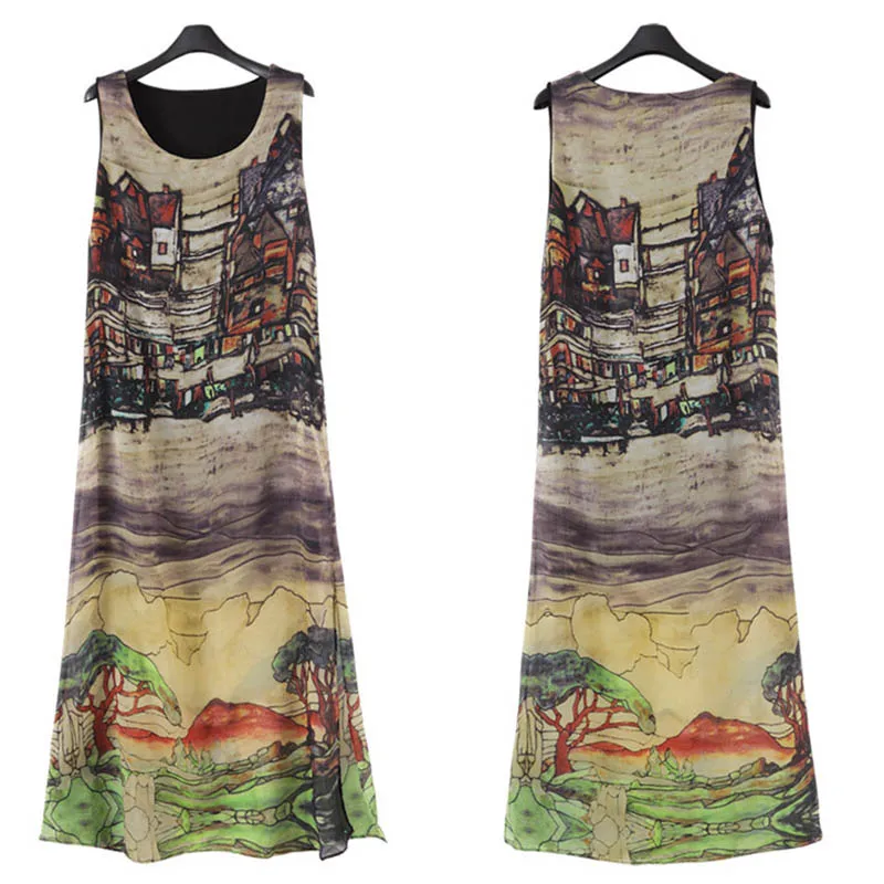 Новинка 2019 летнее шифоновое платье Ретро стиль с рисунком дома без рукавов