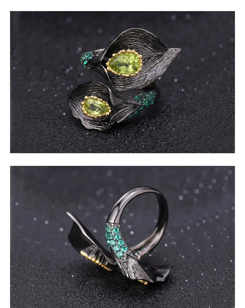 Gem балетки 925 пробы серебра ручной работы Callalily лист, ювелирный набор 2.83Ct натуральный Перидот кольцо серьги Ювелирные наборы для Для женщин
