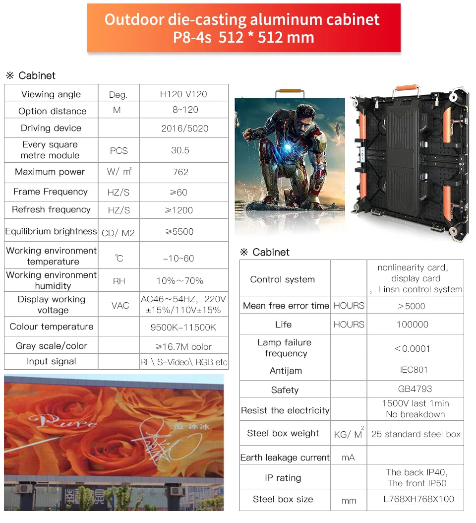 P8 уличная Светодиодная панель, SMD 1/4 scan(Горизонтальная развертка), 64*64 точек, 512*512 мм, литье алюминия под давлением, полноцветный светодиодный видеостена, видео ЖК-дисплей экран