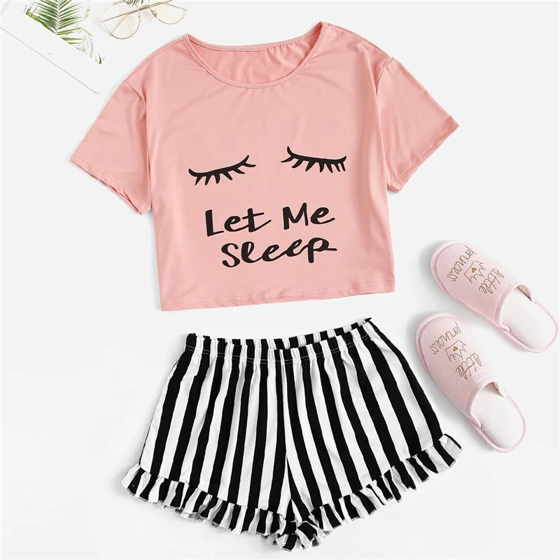 Dotfashion, графическая футболка и шорты в полоску с оборками, PJ набор, лето, Женская Повседневная бежевая ночная рубашка с круглым вырезом и коротким рукавом