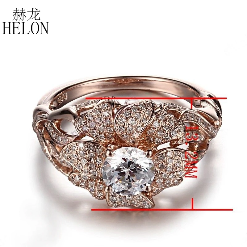 HELON Solid 14 K(AU585) цветок из розового золота Форма Круглый 5,5 мм натуральный белый топаз женское кольцо для помолвки бриллианты кольцо ювелирные изделия