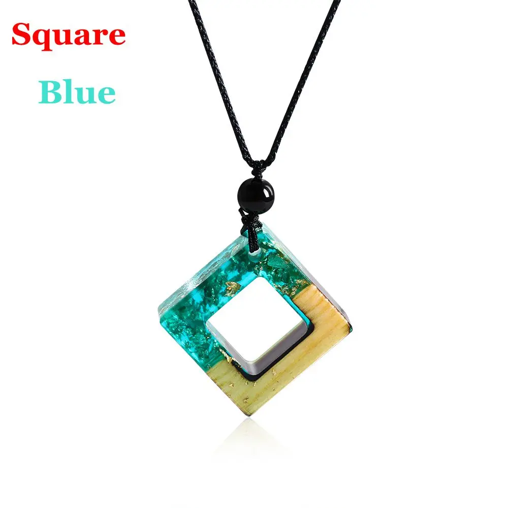 Square blue Ручная работа из смолы деревянная подвеска ожерелье деревянная винтажная резная монета ожерелье медаль цепь двойной слоистый чокер, ожерелье, подвеска - Окраска металла: Square blue