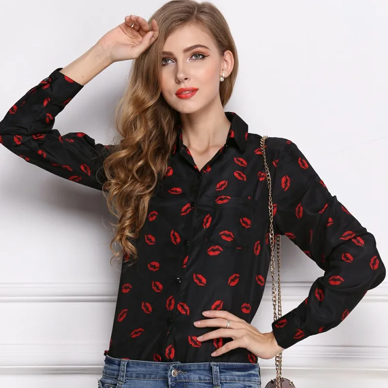 2019 большой размеры для женщин блузка с лацканами длинным рукавом губ печати дна