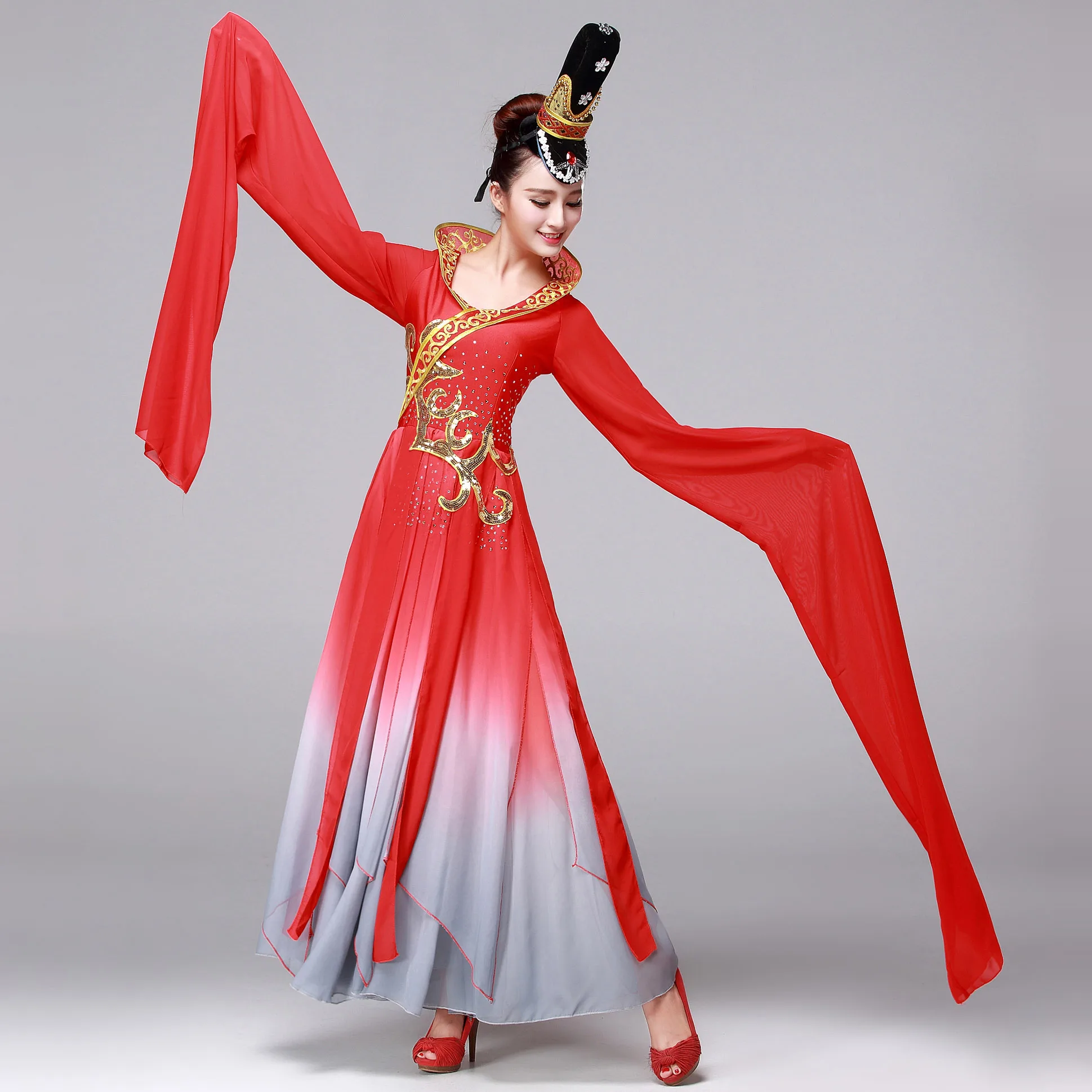 Женские красные танцевальные костюмы с длинными рукавами hanfu Китайская