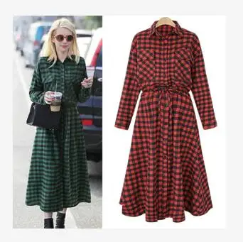 Red plaid-sashes Длинное клетчатое платье-рубашка размера плюс 5XL, весна-осень, платье на шнуровке с длинным рукавом, приталенное повседневное уличное женское платье-рубашка D7N006A - Цвет: Red plaid-sashes