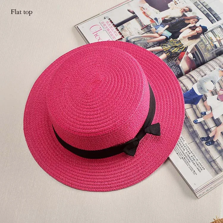 rose red Модная женская соломенная шляпа с плоским бантом, летняя шляпа от солнца для женщин и девушек, модная пляжная шляпа-федора - Цвет: rose red