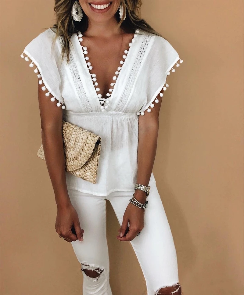 Летняя женская Повседневная Блузка с глубоким v-образным вырезом тонкая белая