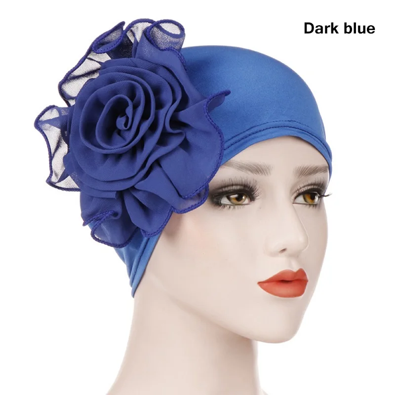 dark blue 1 шт. кружевной цветок рюшами мусульманский хиджаб исламский Джерси для женщин тюрбан химиотерапия шляпа шарф дамы новая мода зима теплый головной убор кепки - Цвет: dark blue