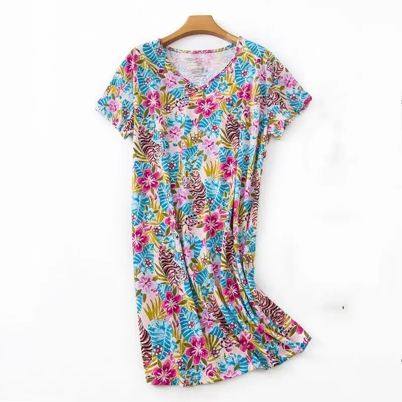 Летнее мягкое женское платье, Повседневная Ночная рубашка с мультяшным принтом, хлопок, женская ночная рубашка с коротким рукавом и круглым вырезом