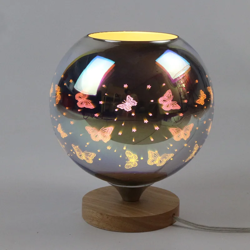 

Modern Table Lamp Wood Base And Colorful 3D Glass Lamp Shade LED Indoor Light Desk Bed Room Office Table Lamp