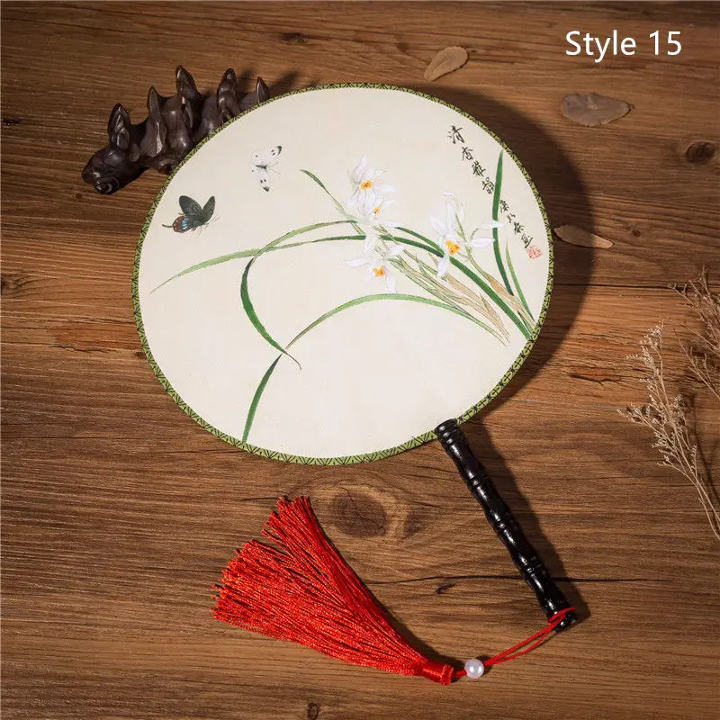 Style 15 28 Стиль s Женский Классический танец Круглый Китайский стиль ручной двусторонний цветок Печатный Шелковый круговой вентилятор с кисточкой кулон - Цвет: Style 15