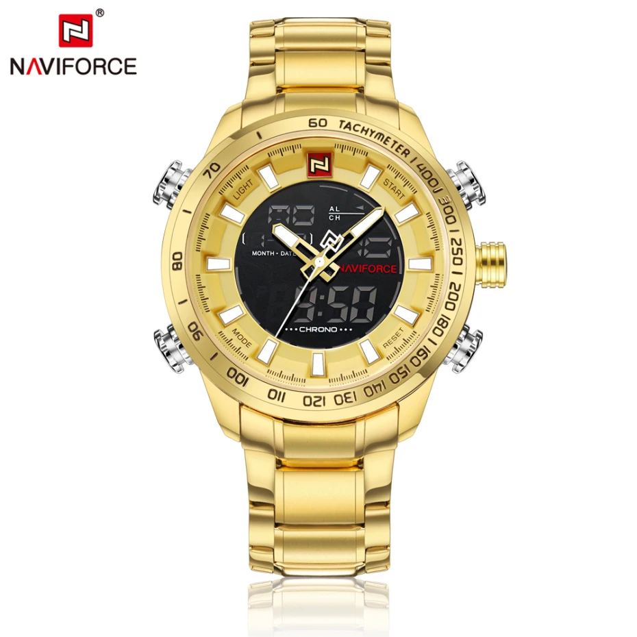 Gold NAVIFORCE, мужские часы, роскошные, золотые, стальной ремешок, водонепроницаемый, спортивный, светодиодный, цифровой, военный, кварцевые, наручные часы, Relogio Masculino - Цвет: Gold