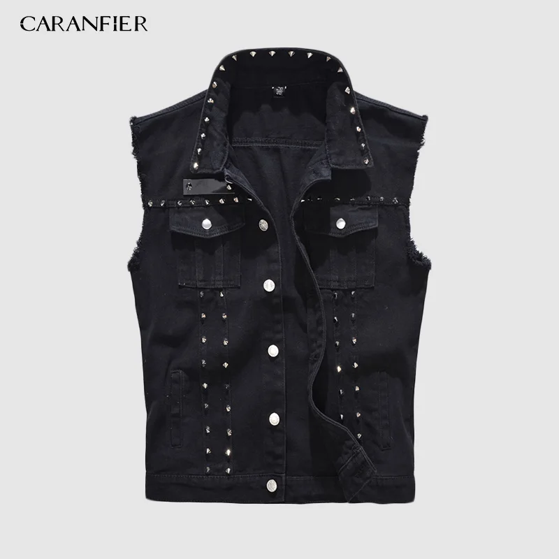 

Мужской джинсовый жилет CARANFIER, черный ковбойский жилет в стиле панк-рок с заклепками, мотоциклетная куртка без рукавов, 5XL