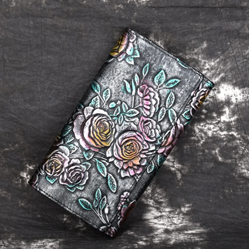 Кошелек женский из натуральной воловьей кожи с цветочным узором|long wallet|pattern