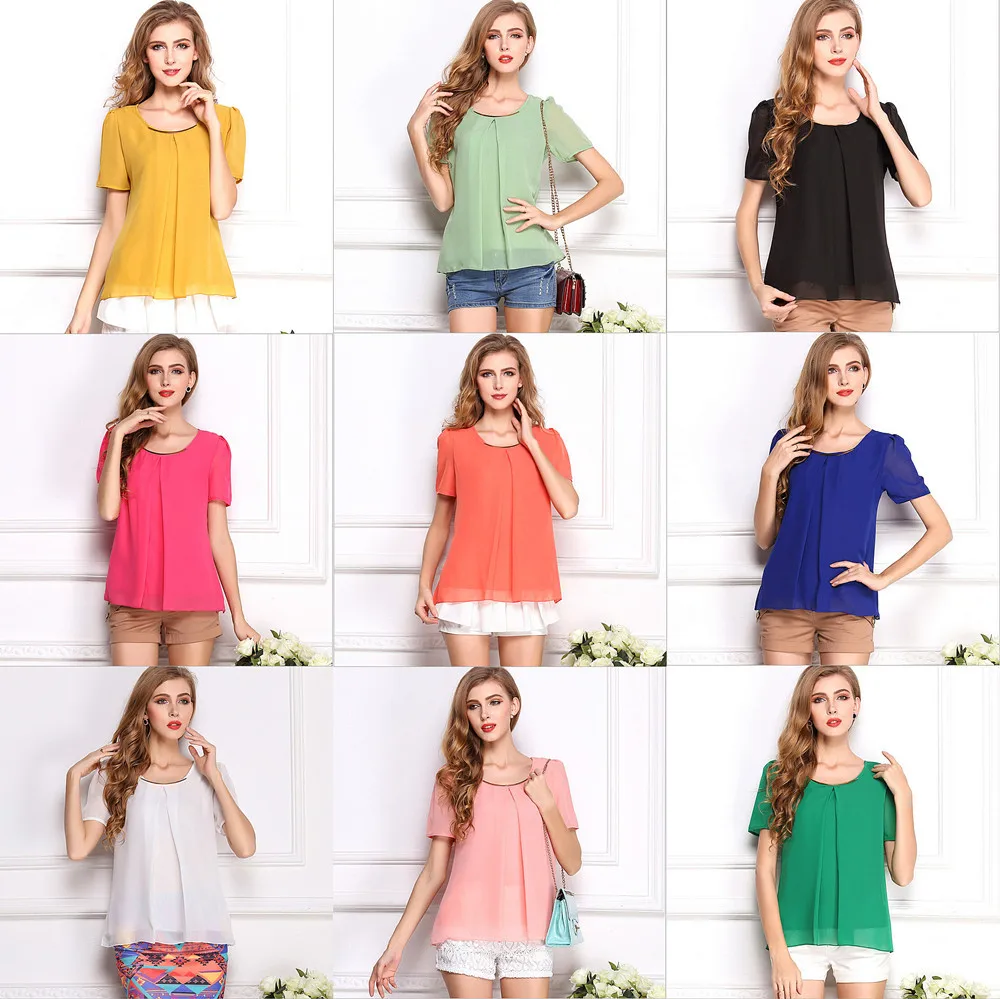 New 2015 Summer fashion women Loose Big size chiffon casual vintage Blouses O neck Pullover summer short sleeve shirts WSH0021|blouses black and
