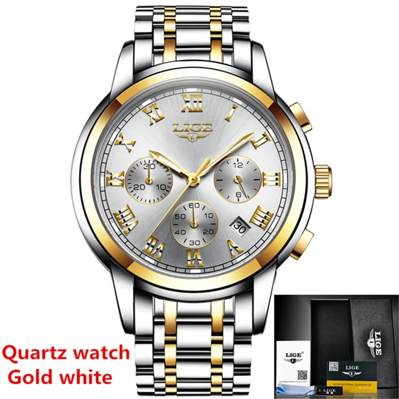 S Gold white Модные мужские часы LIGE Топ бренд класса люкс Tourbillon водонепроницаемые автоматические механические часы мужские спортивные часы из нержавеющей стали+ коробка - Цвет: S Gold white