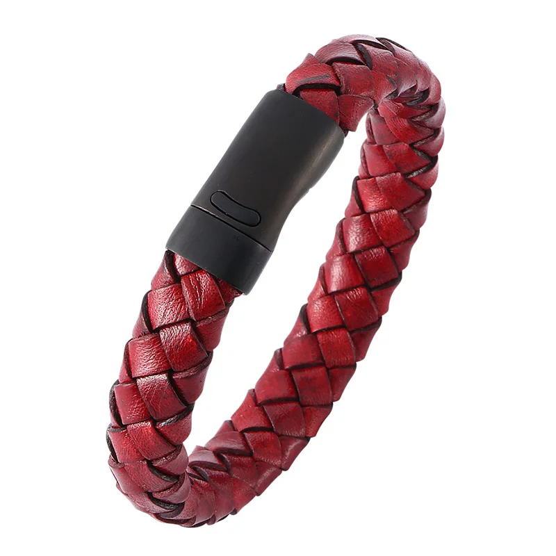 

Vintage Men Jewelry Red Braided Leather Rope Bracelet Black Magnetic Buckle Bracelets Punk Men Wrist Band Pulsera Hombre PH509