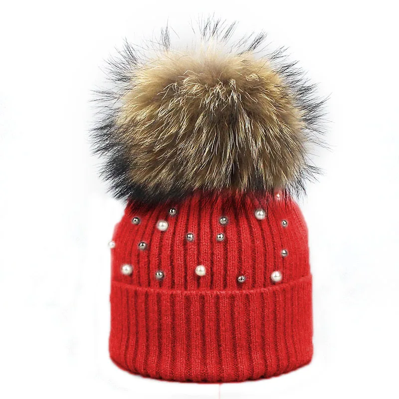 K New Wool Beanies Women Real Natural Fur Pom Poms Fashion Pearl Knitted Hat Girls Female Beanie Cap Pompom Winter Hats for Women - Цвет: K