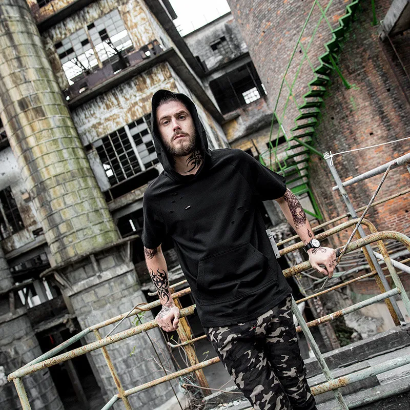 COULHUNT Лето короткий рукав толстовки для мужчин рваные с капюшоном тонкий пуловер