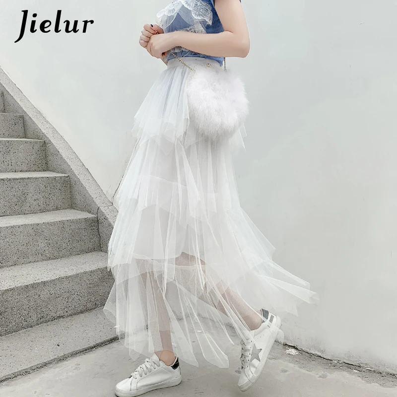 

Jielur Mesh Skirts Summer 2020 Women Tulle Skirts Chic Fairy Sweet Cake Mesh Skirt Female Elegant Lady Ball Gown Faldas Fashion